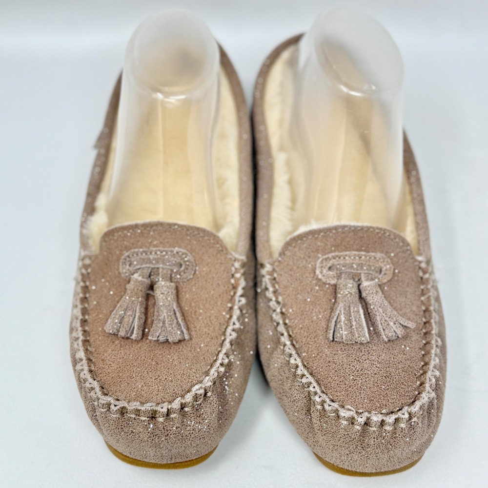 Bearpaw Lucky Moccasin AC2 Taupe Caviar Glitter Slippers Womens Size 10 Tassels